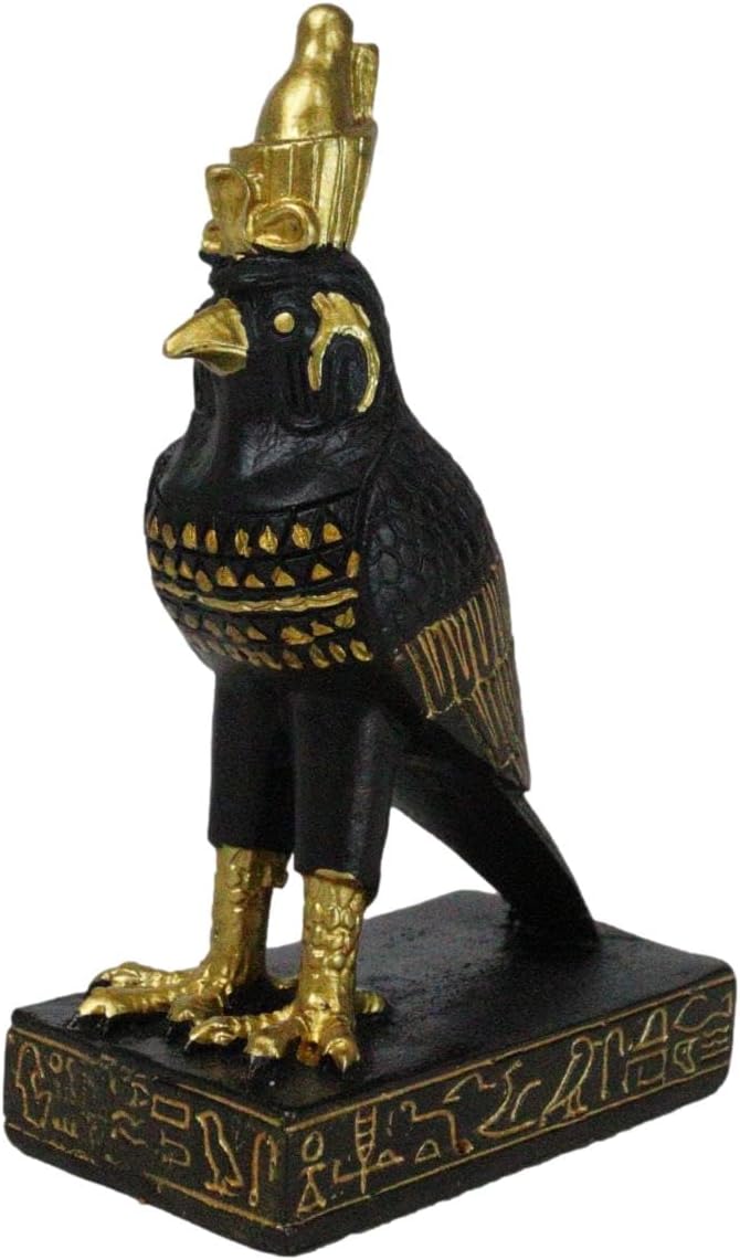 Ebros Gift Egyptian Mythology God Horus Ra with Pschent Miniature Figurine 3" H in Classical Black and Gold Finish Gods of Egypt Deity of War and Sky Falcon Heru Sculpture
