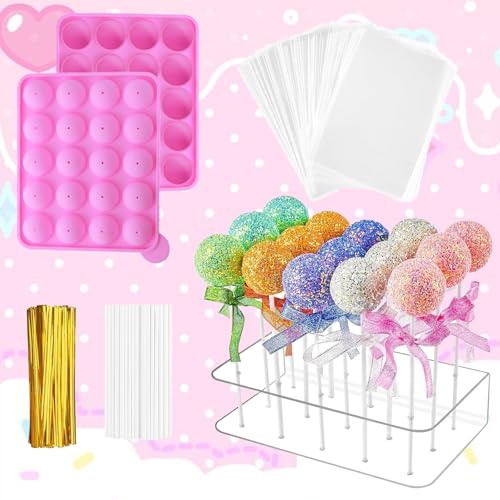 Yootiko 302 Stück Cake Pop Formen Set | Silikonform mit 20 Löchern | Cake Pop Ständer | 100 Stäbchen 100 Beutel 100 Twist Ties für Lutscher Schokolade Süßigkeiten