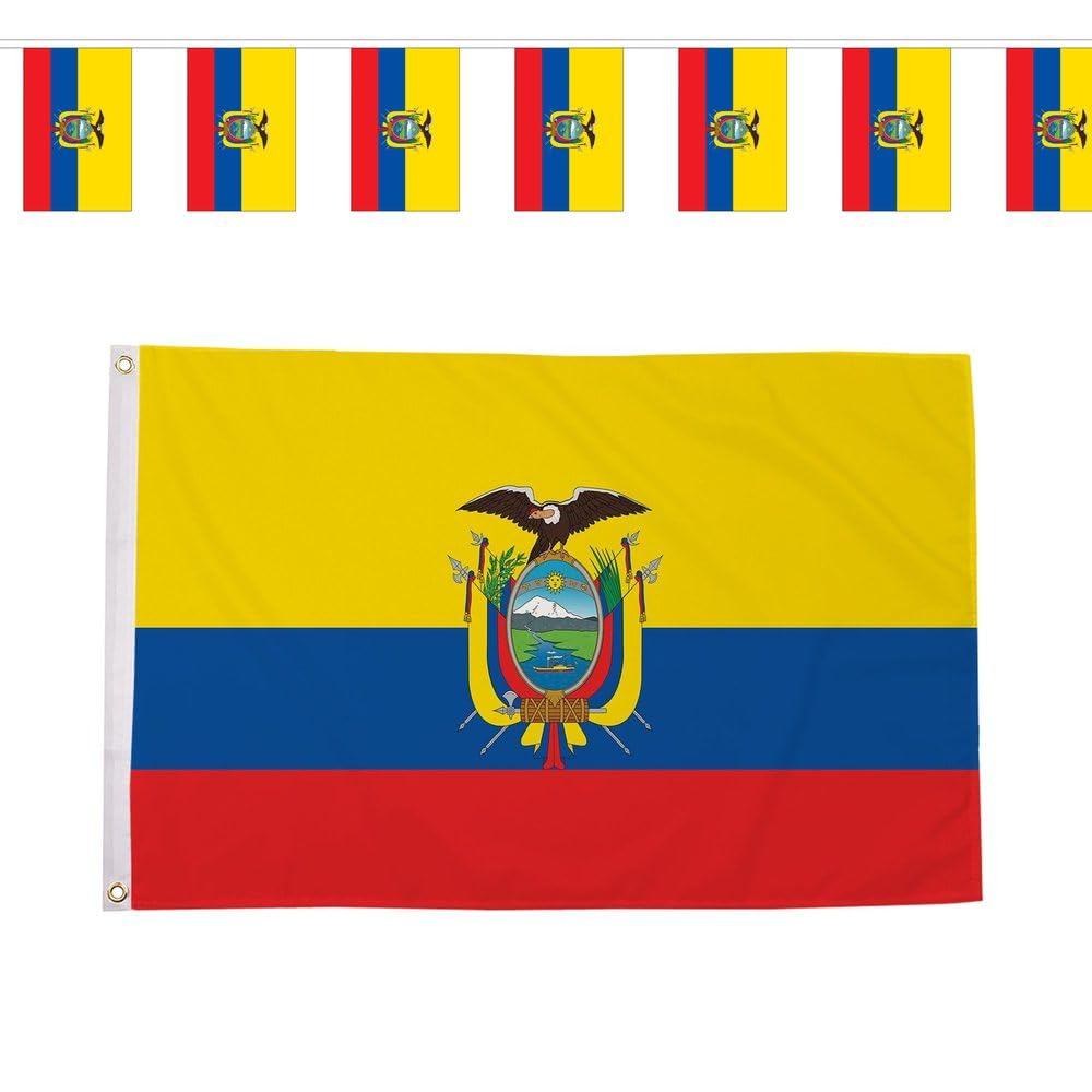 Flagtex Ecuador La Tri World Cup 2026 Medium Team Bundle Includes 5ft x 3ft Premium Polyester Flag and 9m Rectangle Bunting Football Fan Pack Indoor Outdoor Decoration
