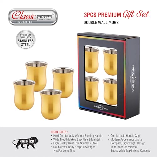 Image of Classic Steels |Delight Gold PVD Double Wall Stainless Steel Mug (Set of 4) 120 ml | Tea & Coffee Cups |Insulated Premium Gift Set for Home Office Wedding & Corporate Gifting