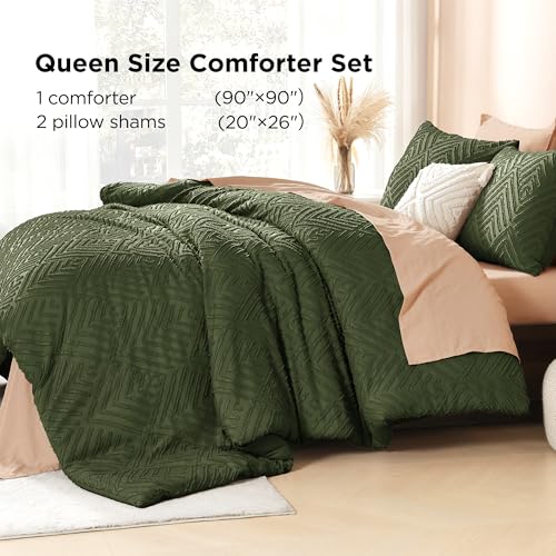 Image of Litanika Olive Green Queen Comforter Set, 3 Pieces Tufted Boho Farmhouse Bedding Comforter Sets, Lightweight Fluffy Comforter Bed Set for All Season (90x90In Comforter and 2 Pillowcases)