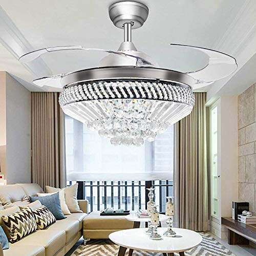 Buy 1 get 1 🔥 YEELED Light 42" Invisible Crystal Reversible Ceiling Fans Light Remote Control 4 Retractable Clear Acrylic Blades Fan Chandelier Bedroom Ceiling Light Kits with Fans (Chrome-02)