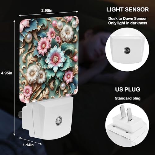 Image of LED Night Light Lamp with Smart Sensor Dusk to Dawn Sensor,Floral Pink and Blue Flowers with Pearls Leaves Night Light Daylight White,0.5W Plug-into Wall for Adults,Bedroom,Hallway,Kitchen