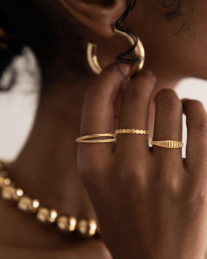 Stackable Gold Rings for Women Non Tarnish,Chunky Gold Rings 14k Gold Plated Rings for Women No Tarnish Gold Ring Set Dainty Twised Wedding Bands Cute Statement Rings Gold Jewelry for Women2