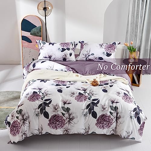 MILDLY 100% Long-Staple Cotton Duvet Cover Set Purple Hydrangea Lotus Flower Pattern Printed Comforter Cover 3pcs, Ultra Soft & Breathable Bedding Set
