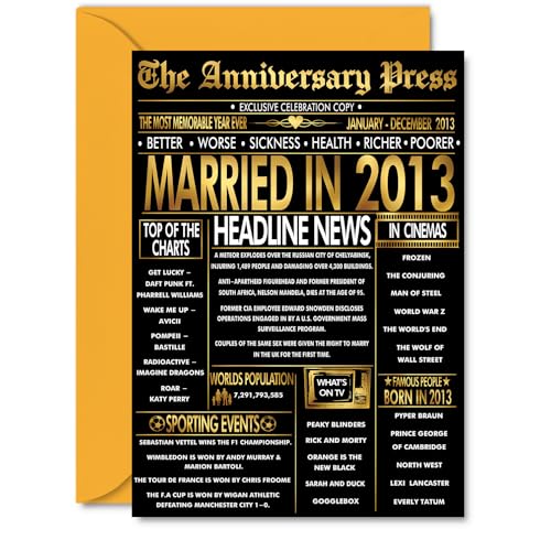 Gold 13th Anniversary Card for Men Women - Golden Newspaper Married in 2013-13 Year Wedding Anniversary Card for Companion Wife Partner Husband, A5 Anniversaries Greeting Cards