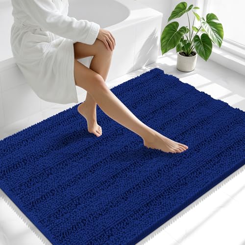 Image of Smiry Thick Chenille Large Bathroom Rugs 47x32, Extra Soft Absorbent Striped Bath Mat, Machine Washable, Rubber Backing, Bath Rugs for Bathroom, Tub & Shower, Home Decor Accessories, Navy