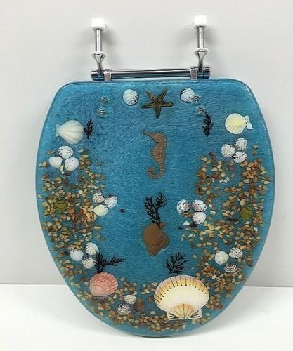 DANIELS STANDARD ROUND BLUE SEASHELL and SEAHORSE RESIN TOILET SEAT, CHROME HINGES