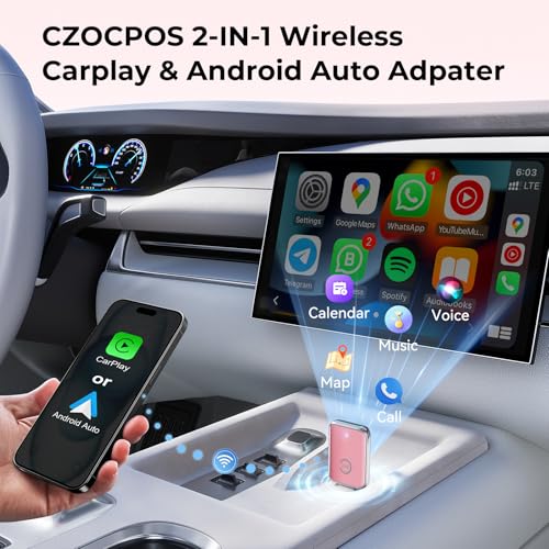 Image of CZOCPOS Wireless Carplay Adapter for iPhone, 2 in 1 Plug and Play Mini CarPlay and Android Auto Adapter for iOS 10 Android 11 and Above, Convert Wired Car Play to Wireless (Pink)