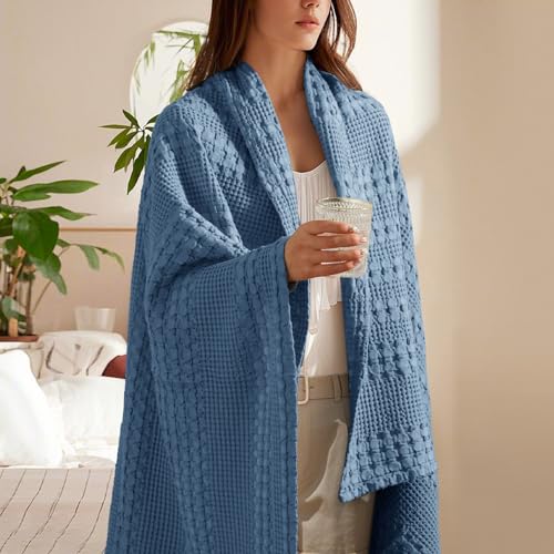Image of PHF 100% Cotton Waffle Throw Blanket for Couch, Lightweight Breathable and Soft for Summer, Luxury Aesthetic Waffle Weave Blanket for Home Decor & Office, Gifts for Women, 50 inchx60 inch, Denim Blue