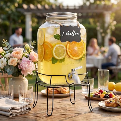 Image of 2 Gallon Glass Drink Dispensers For Parties,Beverage Dispenser with Stand,304 Stainless Steel Spigot Leakproof,Silicone Spigot Cover,Lemonade Dispenser for Sun Tea, Homemade Juice