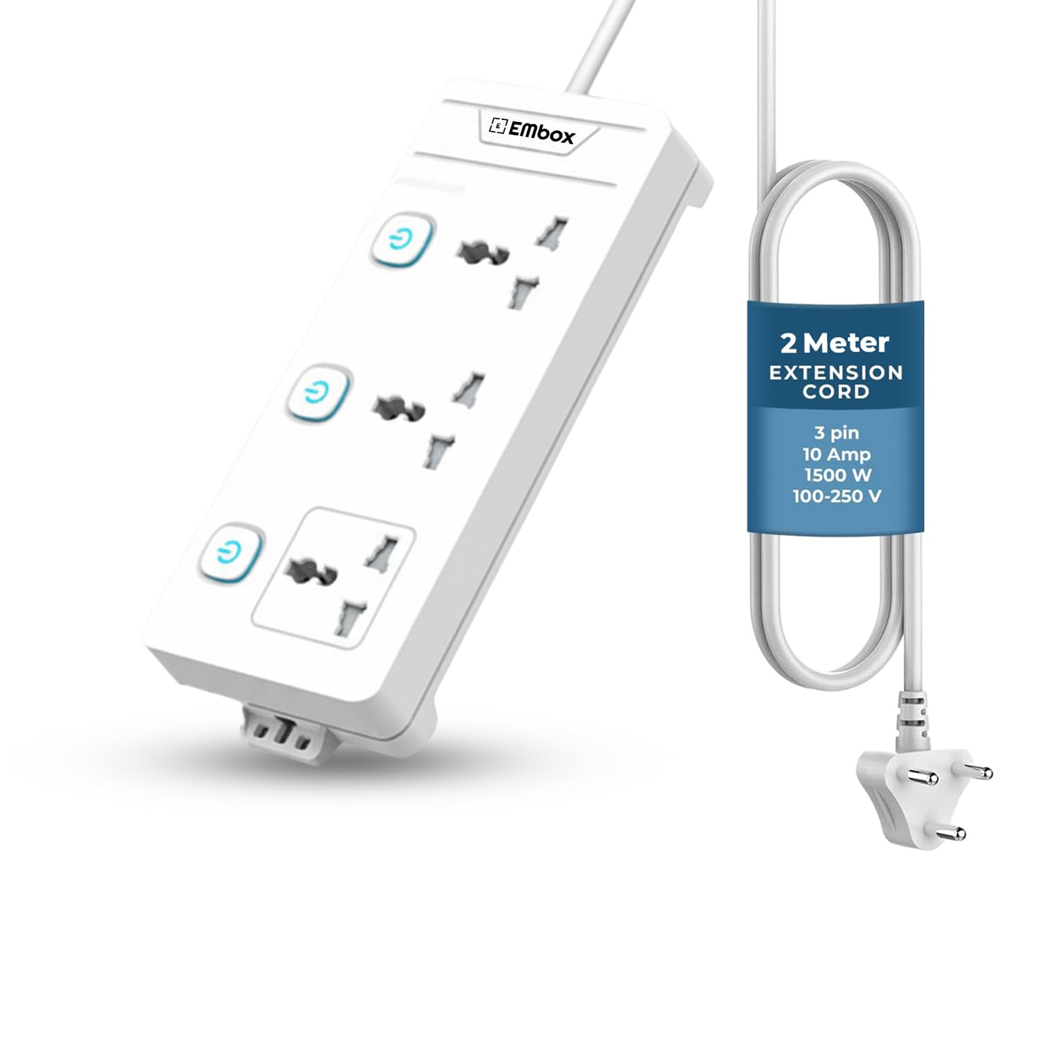 EMBOX Extension Board with Switches 1500 W, 3 Universal Sockets, Individual Switch, Safety Shutter, 6 amp Spike Guard, LED Indicator and Safety Shutter