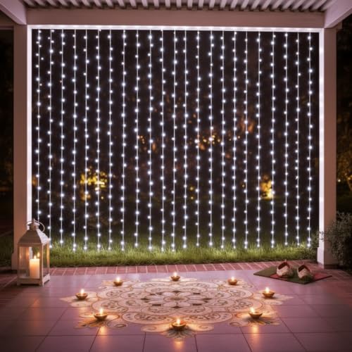 Image of MIRADH 180 LED 9.8 Feet Window Curtain String Light Wedding Party Home Garden Bedroom Outdoor Indoor Wall Decorations, Diwali Lights for Decoration (White Led Curtain 3M x 3M)