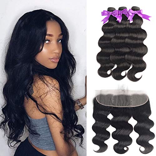 Beaudiva Hair Body Wave Bundles with Frontal (14 16 18+12Frontal) 13×4 Lace Frontal Unprocessed 7A Brazilian Body Wave Human Hair Double Weft with Lace Frontal