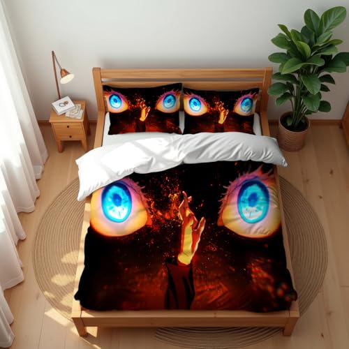Juego De Ropa De Cama De Algodón Lavado con Certificación Oeko-Tex Jujutsu Kaisen Apto para Personas Alérgicas Incluye 1 Funda Nórdica Y 2 Fundas De Almohada (JK 01,150x200cm-Cama 90)