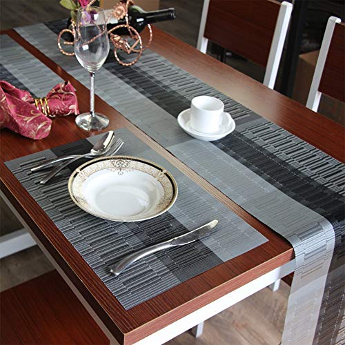 Shacos Placemats With Table Runner Set Of 7 Woven Vinyl Table Mats And Runner For Dining Table Heat Resistant, Ombre Black Gray #TOP4