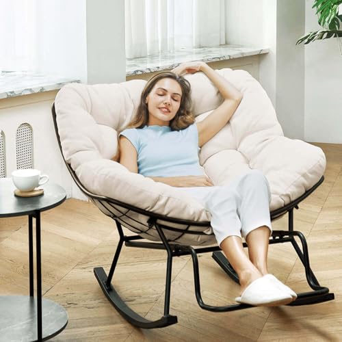 Nursery Rocking Chair Cotton Cushion Papasan Glider Rocker Accent Armchair Comfy Rocking Papasan Chair for Living Room Bedroom Offices Patio (Beige)