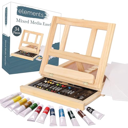 Elements Mixed Media Easel Art Set – 34-Piece Wooden Desktop Easel Box Painting Kit with Acrylic Paints, 3 Canvas Boards and Oil Pastels – Portable Artists Paint Set