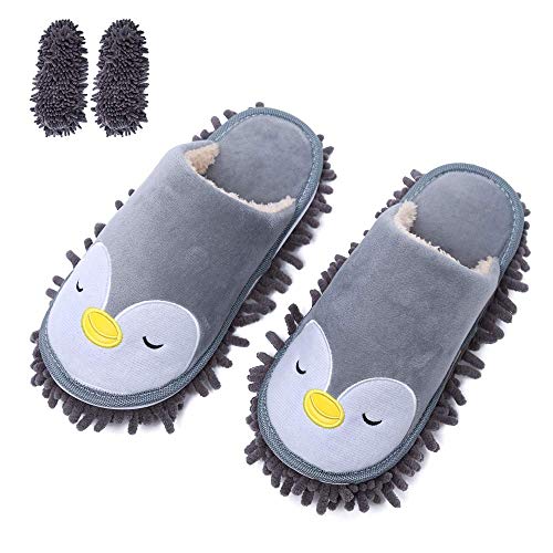 KISSTAKER Mop Slippers Microfiber Cleaning Slippers Shoes-Washable Detachable House Floor Duster with 1 Addtional Chenille Soles (Grey Penguin)