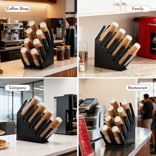 Image of CURTA Paper Cup and Lid Holder, Disposable Paper Cup Dispenser 4 Compartment Coffee Cup and Lid Storage Organizer Holder for Countertop Coffee Station Bar Restaurant Breakroom