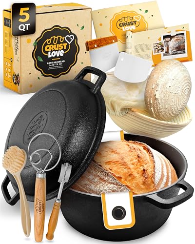Comparison: Best Oven For Bread Baking 2 CRUSTLOVE Cast Iron Dutch Oven for Bread Baking - incl. Sourdough Bread-Baking Supplies like Banneton Bread-Proofing Basket - 5QT Bread-Oven with Lid Bread-Making Kit Pan, Pot, Sour Sough Tools, Lame