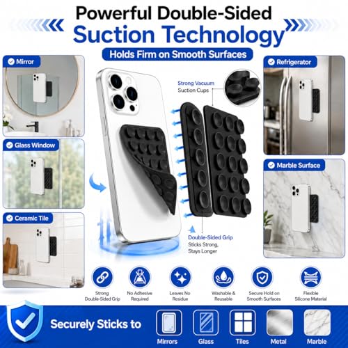 Image of GooseBox Suction Cup Phone Case Mount, Double-Sided Suction Anti-Slip Silicon Sticky Phone Stand Hands-Free Strong Grip Holder for Selfies and Videos (Black, Pack of 1)