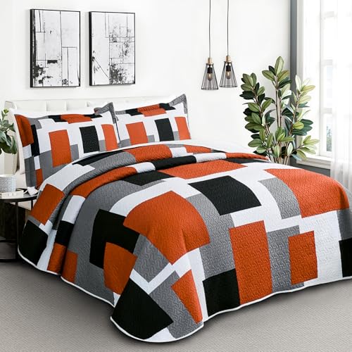 Image of Tyrot 3 Piece Orange Grey Quilt King Size Black White Gray Bedding Set | Lightweight Bedspread, Geometric Coverlet with 2 Sham, Modern Abstract Soft Microfiber, Bed Cover for All Season, 106''x96''