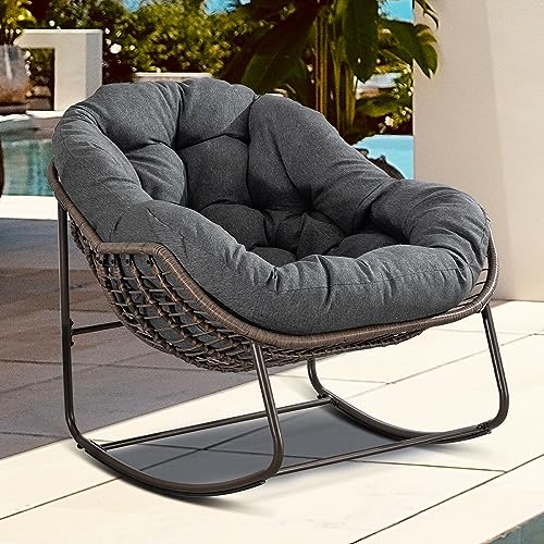 Villeston Outdoor Papasan Rocking Chair - Oversized Comfy Patio Chair Indoor Egg Royal Rattan Rocking Chair with Cushion for Front Porch Lounge Lawn Bedroom Living Room (Grey)