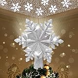 Joiedomi Christmas Tree Toppers Silver Decor, 3D Hollow Snowflake Star with Rotating LED Projector Lights for Xmas Holiday Party Indoor Decorations