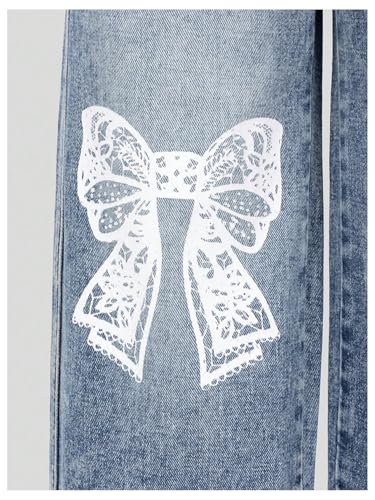 Girl's Y2k Bow Print Baggy Jeans Wide Leg High Waisted Denim Pants4