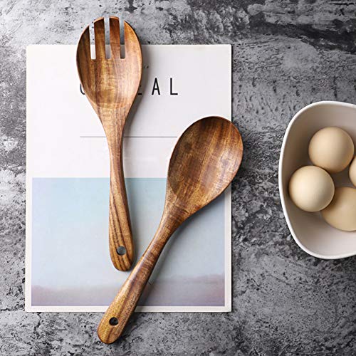 Image of Salad Servers, Salad Tongs, AOOSY 10.2 inches Acacia Wood Serving Spoons Set Salad Mixing Dinner Fork and Spoon Long Handle Salad Server Set Kitchen Cooking Utensil Cutlery Set (2 Pieces)