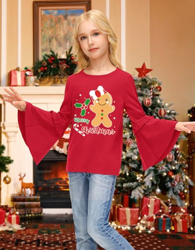 Image of BesserBay Girls Christmas Long Bell Sleeve Ruffle Tunic Top 4-12 Years