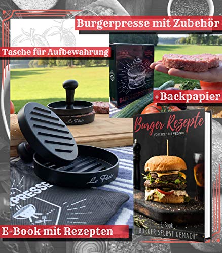 Le Flair® Alu Burgerpresse aus hochwertigem Aluminium - Hamburgerpresse mit Aufbewahrungstasche - Burger Patty Presse inkl. 50 Blatt Backpapier - Perfektes Grillzubehör Geschenk für Männer schwarz 3