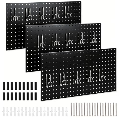 Image of DEWEL Wall Organizer Peg Board, 3Pcs Metal Pegboard Panels with Accessories, 23 inch x 12 inch Pegboard, Heavy Duty Peg Board Wall Organizer for Workbench, Workshop, Office, Craft Room (3pcs black)