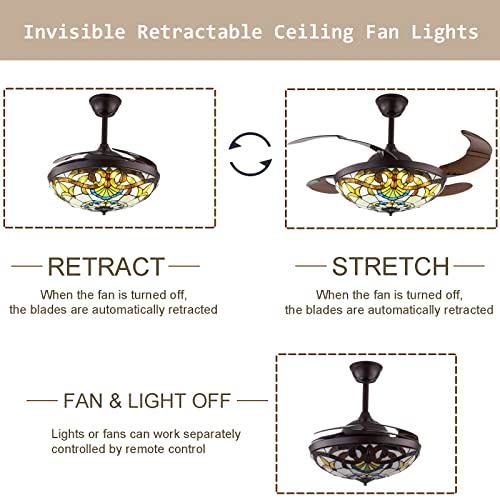 Tfcfl 42 Inch Tiffany Style Invisible Ceiling Fan With Lights And Remote Control,Retractable Blades 3 Speeds 3 Light Changes Fandelier Chandelier Fan,Quiet Motor,Indoor Ceiling Lighting Fixture #TOP5