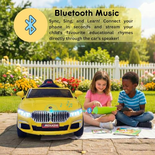 Image of MEKASHI Electric Ride-On Car for Kids 1-7 Years, 12V Battery, Remote Control, 5 Speed, LED Lights, Bluetooth, Glossy Yellow