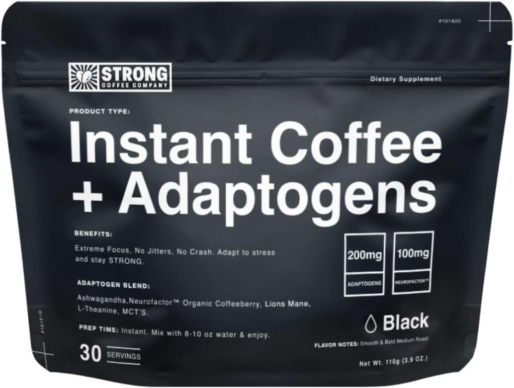 Strong Coffee Co. Instant Black Coffee | Premium Organic Coffee with Nootropics & Adaptogens, NeuroFactor®, L-Theanine, Ashwagandha, Reishi & MCT Oil | No Jitters, No Crash (1, 30 Servings)