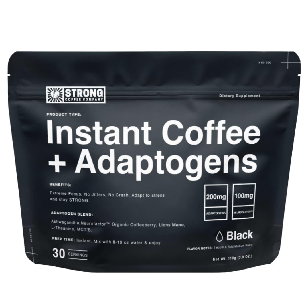 Strong Coffee Co. Instant Black Coffee | Premium Organic Coffee with Nootropics & Adaptogens, NeuroFactor®, L-Theanine, Ashwagandha, Reishi & MCT Oil | No Jitters, No Crash (1, 30 Servings)