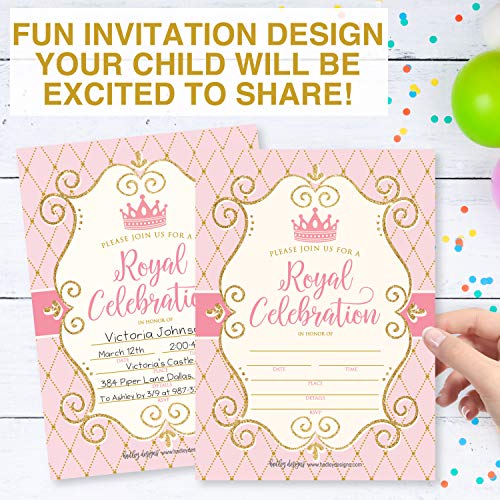25 Vintage Princess Party Invitation, Faux Glitter Royal Queen Little Girl Birthday Invite, Kids Crown Mirror Pink And Gold Themed Bday Supply Idea, Enchanted Tiara Printed Or Fill In The Blank Card #TOP4