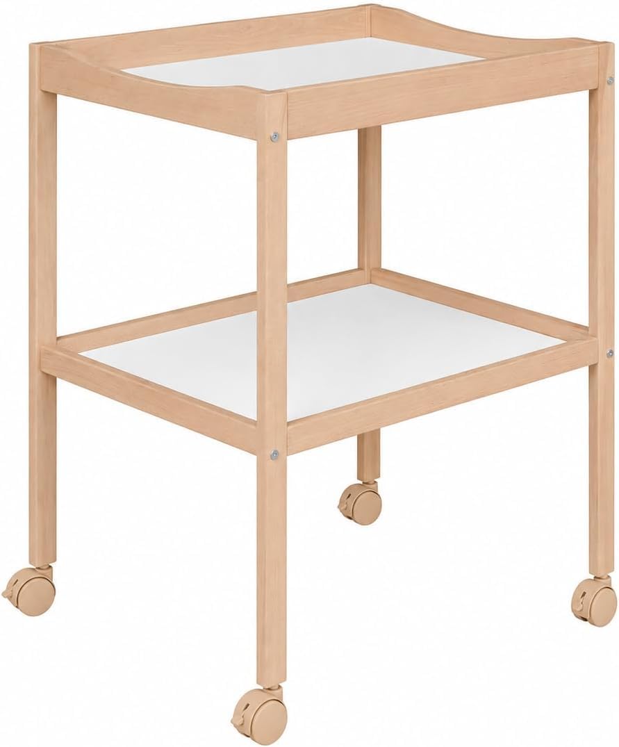 Table à Langer en Bois de Hêtre Naturel avec Roulettes Freinées – 75 x 55 x 89 cm – Étagère de Rangement – Mobilier Bébé Écologique et Durable