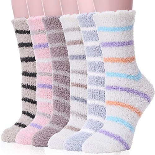 Womens Girls Fuzzy Slipper Socks Cabin Warm Soft Fluffy Fleece Winter Stocking Stuffers Cozy Plush Sleep Adult Socks (Colorful Stripe (6 Pairs))