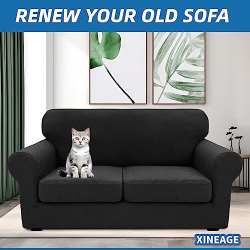 XINEAGE 2025 New 3 Pieces Couch Covers for 2 Cushion Sofa Super Stretch Loveseat Slipcover Pet Dog Universal Slip Cover Anti Slip Love Seat Furniture Protector (Black, 55"-69")
