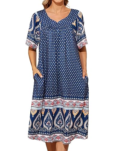 Image of Bloggerlove Mumu House Dress for Women with Pockets Short Sleeve Nightgowns | 15% Cotton, 80% Polyester, 5% Spandex, Floral Mumu House Dress, V-Neck, Short Sleeves, Midi Length, 2 Side Pockets, Lounging