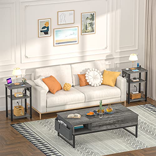 Aheaplus End Table Set Of 2 With Charging Station, 3 Tier Slim Side Table With Usb Ports & Outlets, Narrow Bedside Nightstand With Storage Shelf, Sofa Side Table For Bedroom, Living Room, Grey Oak #TOP1