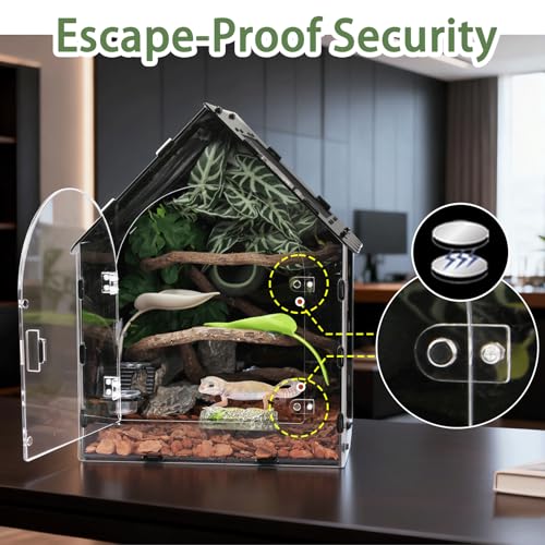 Image of Reptile Terrarium 12.4x12.4x16.2 - Magnetic Front Opening Acrylic Reptile Enclosure, Escape-Proof Black Acrylic Cage for Crested Gecko, Tarantula, Scorpion & Arboreal Pets with Feeding Lid & Wave Roof