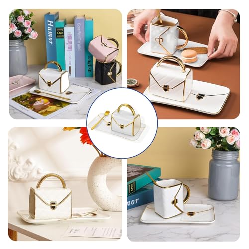 4 Sets Creative Coffee Mug and Saucer, Ceramic Tea Cup with Spoon, 300 ml Handbag Shaped Coffee Mug for Women Girl Gift Office Home Drinking Milk Hot Chocolate Cappuccino, 4 Colour - Image 5