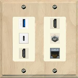 RiteAV ( 2ギャングDecorative ) 15?Ampラウンド電源コンセントHDMIテレビ壁プレートホワイト ggw725x Coax Wall Plate RiteAV (2 Gang Decorative) 15 Amp Round