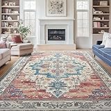 Jainmy Large Boho Area Rugs 9x12 for Bedroom Girls Playroom, Distressed Medallion Printed Retro Big Carpet Rugs for Living Room, Washable Non Slip Low Pile Thin Rugs for Dining Room, Blue/Pale Salmon