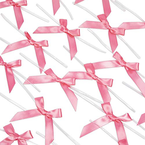 50 Pack Pink Satin Ribbon Twist Tie Bows for Treat Bags, Gift Bags, Bakery Candy Bags and Package Decorating Ribbon Bow, Bowknot for Gifts