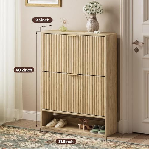 Image of Evermagin 31.5''W Oak Shoe Cabinet Storage for Entryway, Fluted Slim Shoe Dresser with 2 Flip Drawers, Narrow Shoe Rack Cabinet, Hidden Shoe Organizer Cabinet for Entrance, Hallway